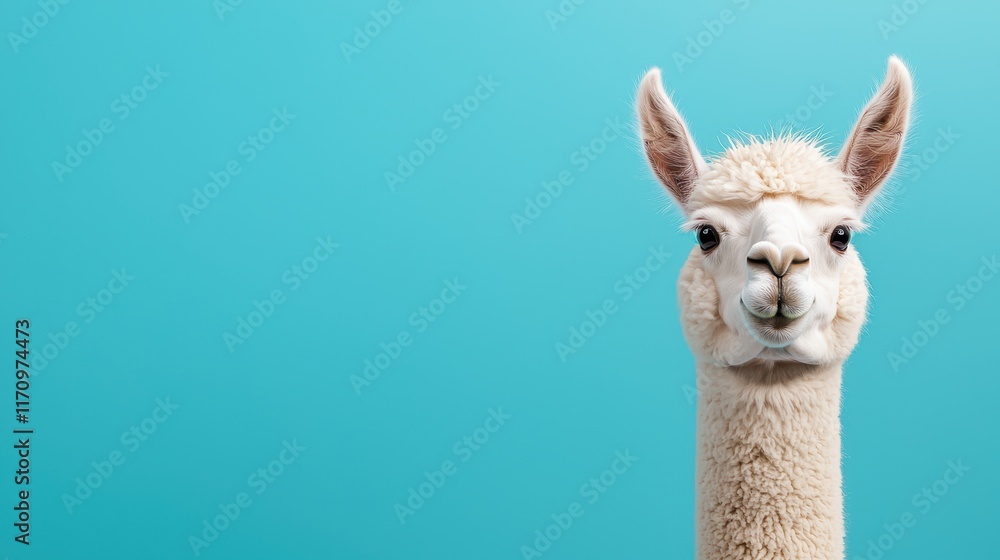 Obraz premium Playful alpaca close-up on blue background fun animal photography