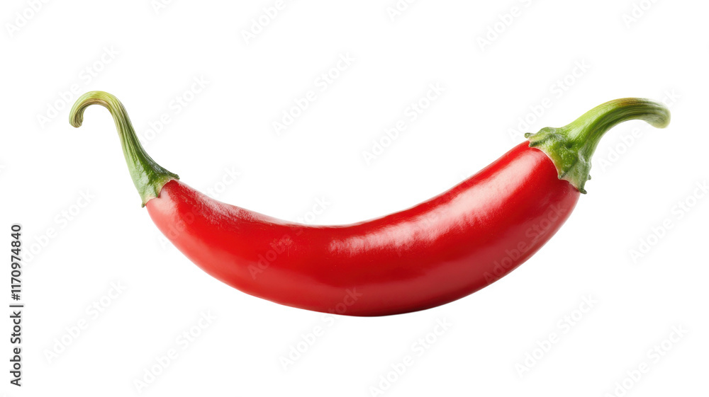 A Captivating Close-Up of a Single Red Chili Pepper with a Curly Stem Perfect for Culinary and Food-Related Designs, Illustrations, and Marketing Materials. A Captivating Close-Up of a Single Red Chili Pepper with a Curly Stem Perfect for Culinary and Food-Related Designs, Illustrations, and Marketing Materials.