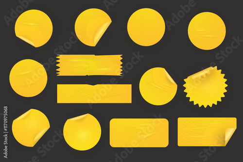Vector realistic illustration set of yellow round and rectangular stickers, clip art