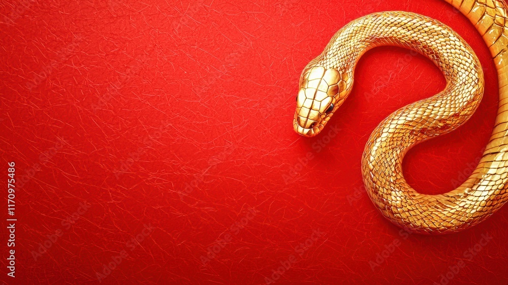 Fototapeta premium Chinese new year (Snake year) background. Golden snake on a vibrant red background, symbolizing wealth and prosperity.