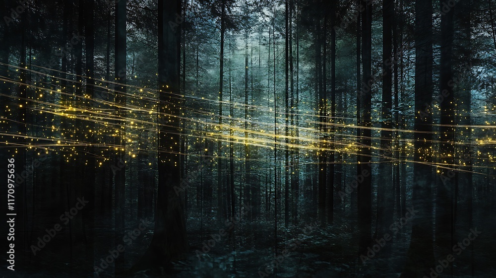 A mystical night forest illuminated by the soft glow of fireflies, with abstract light trails weaving through dense trees, creating a magical atmosphere A mystical night forest illuminated by the soft glow of fireflies, with abstract light trails weaving through dense trees, creating a magical atmosphere