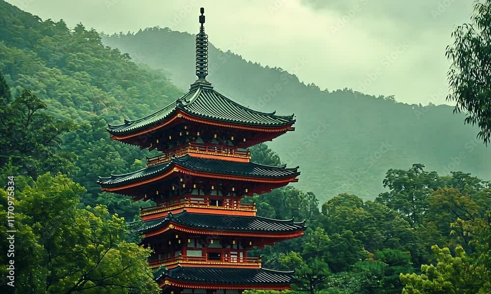Verdant Mountainside Pagoda: A Japanese Temple Amidst Lush Foliage Verdant Mountainside Pagoda: A Japanese Temple Amidst Lush Foliage