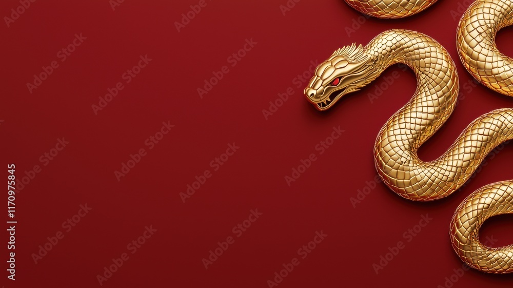 Fototapeta premium Chinese new year (Snake year) background. Golden snake design on a deep red background, symbolizing wealth and prosperity.