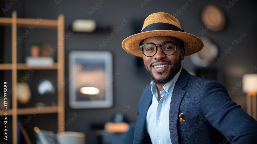 Smiling man in hat and suit, indoor portrait. Smiling man in hat and suit, indoor portrait.