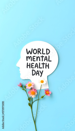 World mental health day concept. Paper human head symbol and flowers on blue background, with white tones