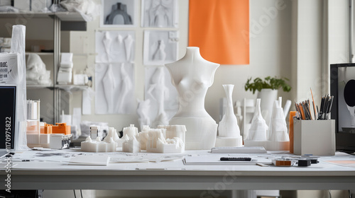 designer workspace filled with 3D printed fashion prototypes, showcasing creativity and innovation. environment is bright and organized, inspiring artistic expression