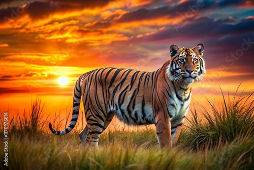 Majestic Amur Tiger Silhouette at Sunset - Powerful Wildlife Photography photo