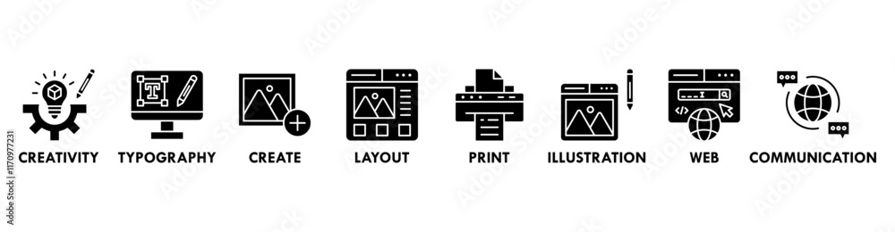 Graphic Design banner web icon set vector illustration symbol infographic concept with icon of creativity, typography, create, layout, print, illustration, web, and communication Graphic Design banner web icon set vector illustration symbol infographic concept with icon of creativity, typography, create, layout, print, illustration, web, and communication