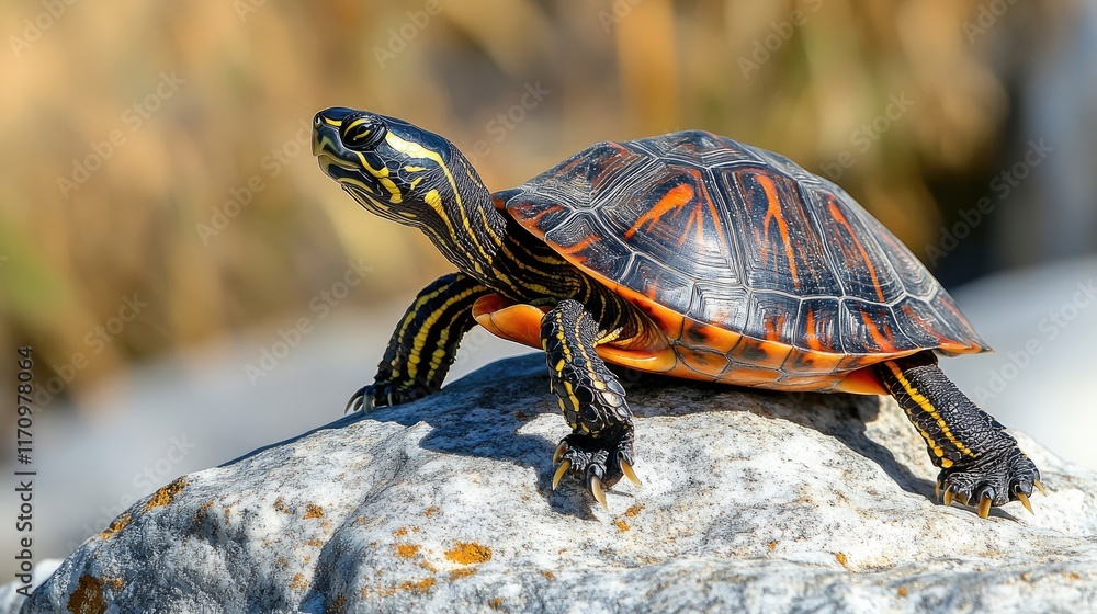 A vibrant turtle basking on a rock by the water. A vibrant turtle basking on a rock by the water.