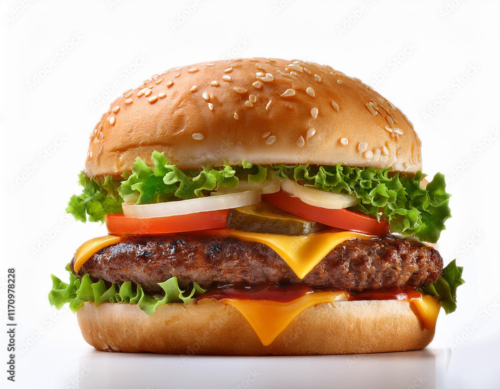 Close up of tasty burger isolated on white background. french fries and the burger with meat, cooking a burger at home. junk fast food. Close up of tasty burger isolated on white background. french fries and the burger with meat, cooking a burger at home. junk fast food.