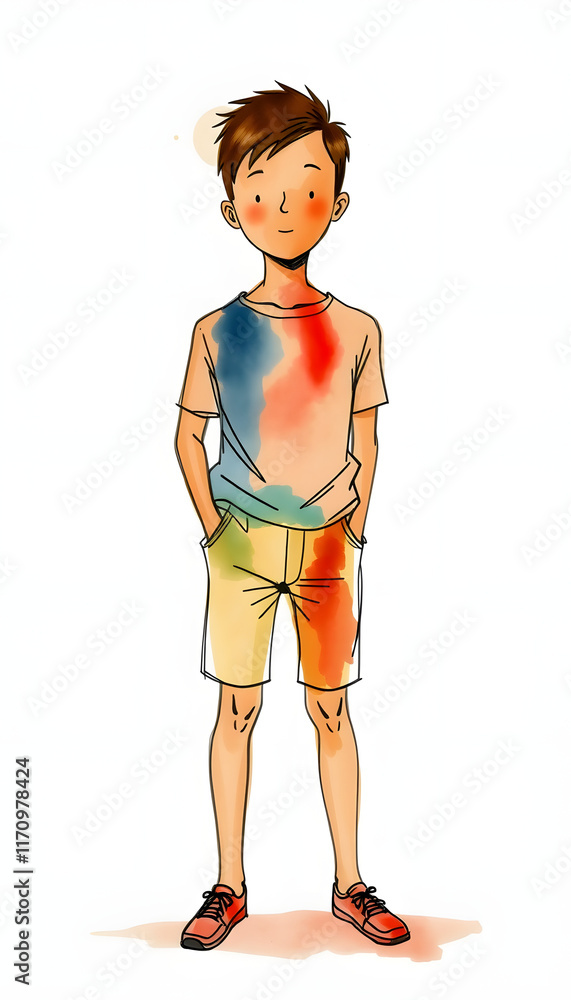 human boy standing head up pose, abstract body watercolor painting hand drawing illustration design, studio photography, with white tones human boy standing head up pose, abstract body watercolor painting hand drawing illustration design, studio photography, with white tones