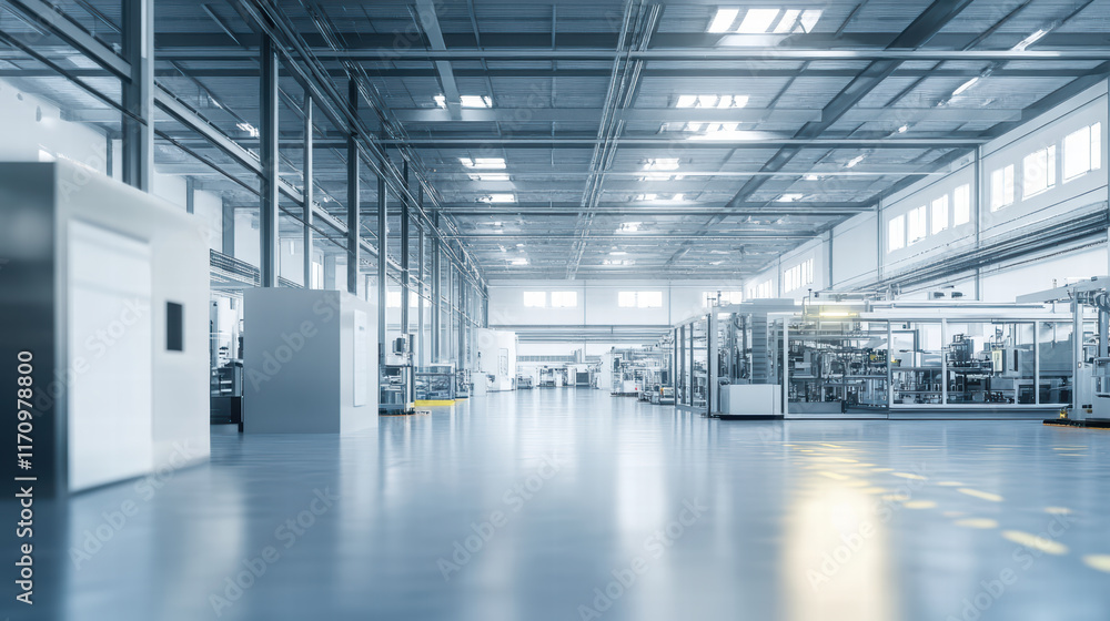 Obraz premium spacious industrial factory interior featuring advanced machinery and production lines, showcasing modern and efficient workspace. bright lighting enhances clean, organized environment