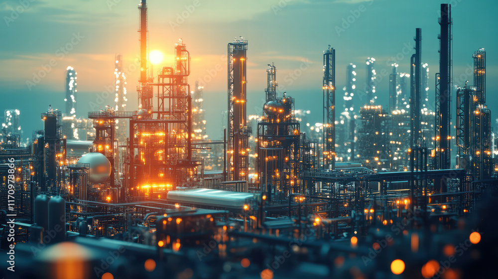 Fototapeta premium futuristic factory with advanced 3D production technology, illuminated by glowing lights and vibrant sunset. scene captures essence of modern industrial innovation and energy