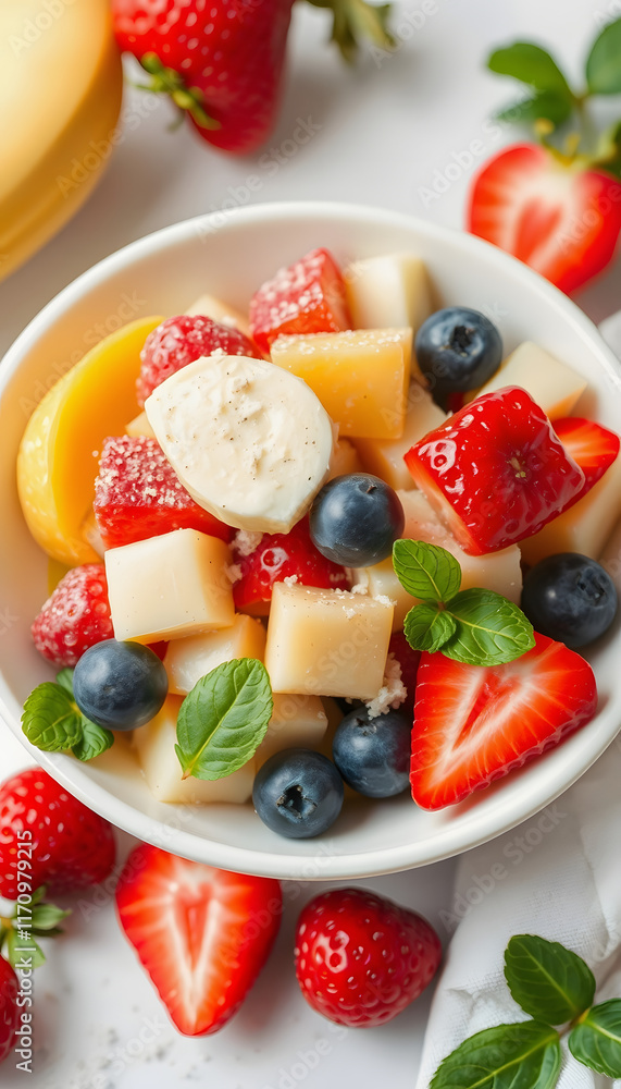 Fruit salad - diet, healthy breakfast, smooth light, with white tones Fruit salad - diet, healthy breakfast, smooth light, with white tones