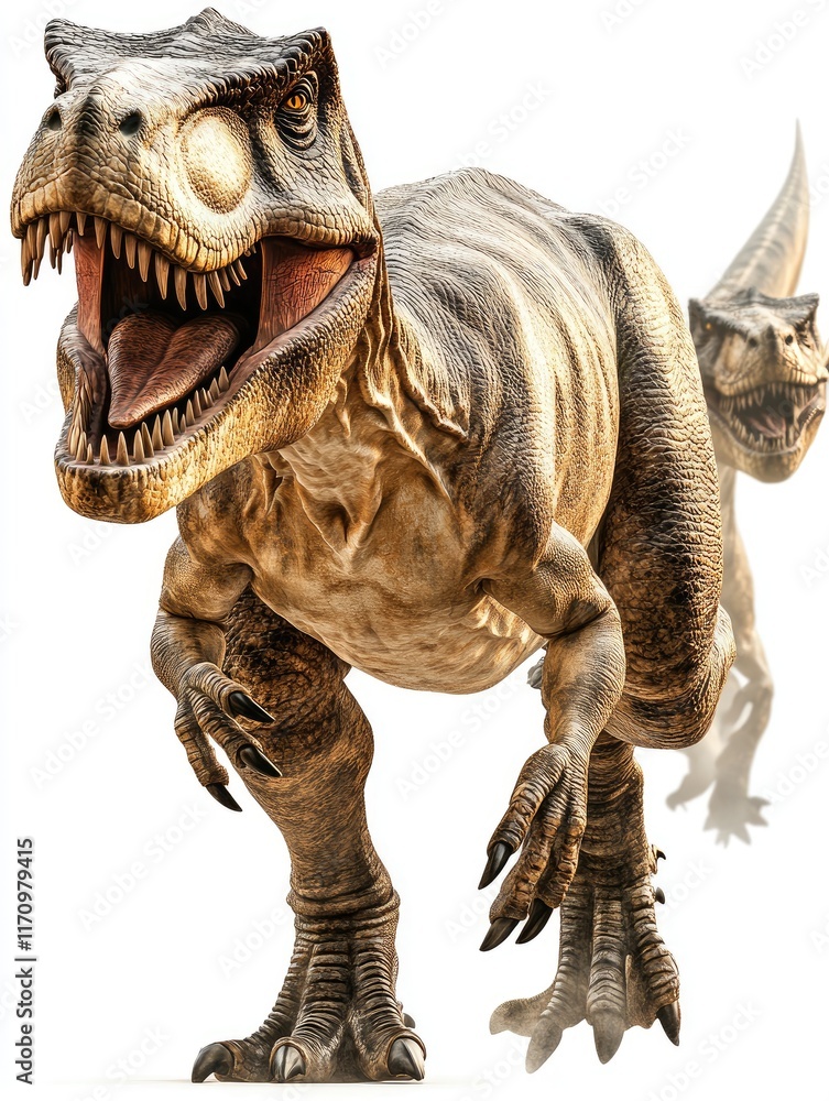 Fototapeta premium A dynamic depiction of two roaring dinosaurs, emphasizing their fierce appearance.