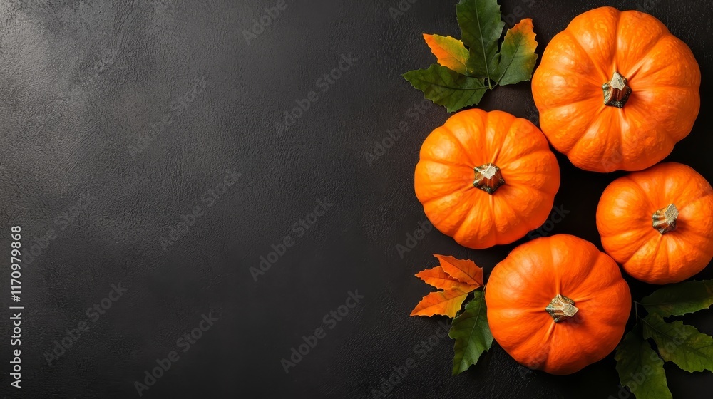 A group of pumpkins and leaves on a black surface A group of pumpkins and leaves on a black surface