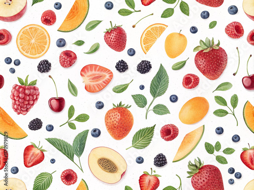 Seamless pattern with mix fruit on white background.
