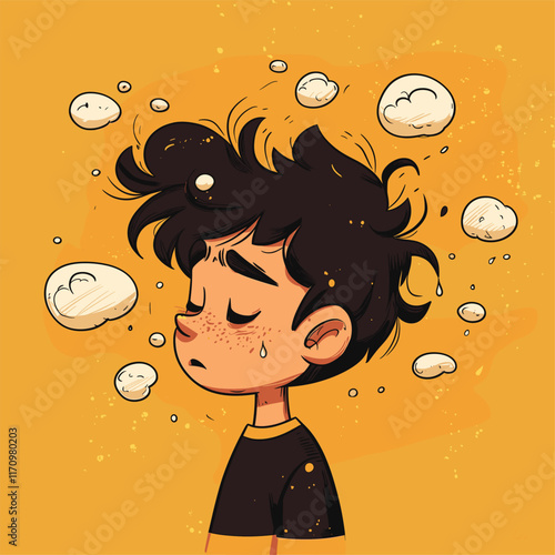 illustration of a distracted boy with ADHD with curly hair, thoughtful expression.