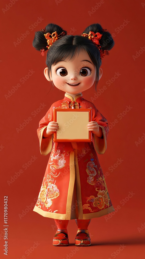 Cute cartoon girl in red dress holding blank sign. Cute cartoon girl in red dress holding blank sign.
