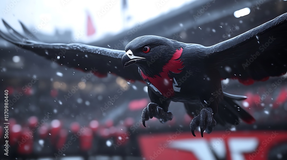 Black bird in flight snowy background red markings