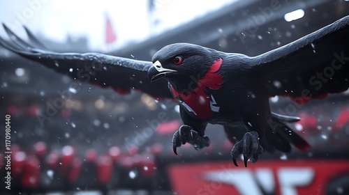 Obraz na płótnie Black bird in flight snowy background red markings w salonie