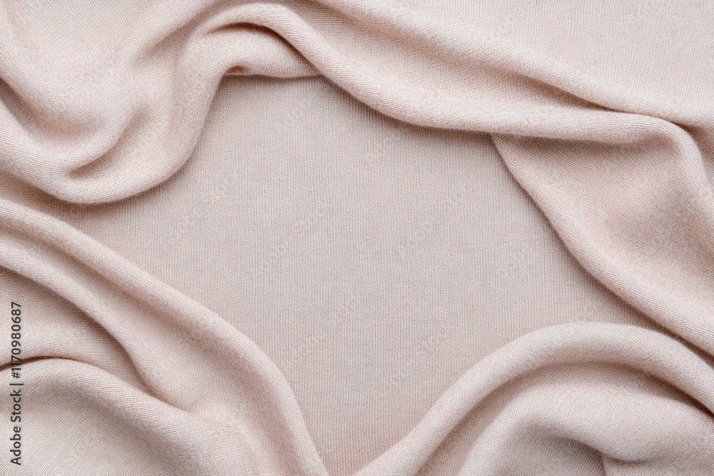 Fototapeta premium Close-up of delicate beige fabric with gentle folds, showcasing a soft and cozy texture. Ideal for themes of comfort, fashion, or interior design inspiration.