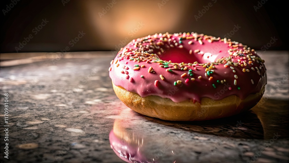 A close-up of a pink-glazed donut, sprinkled with delight, dramatically lit against a white backdrop. A close-up of a pink-glazed donut, sprinkled with delight, dramatically lit against a white backdrop.