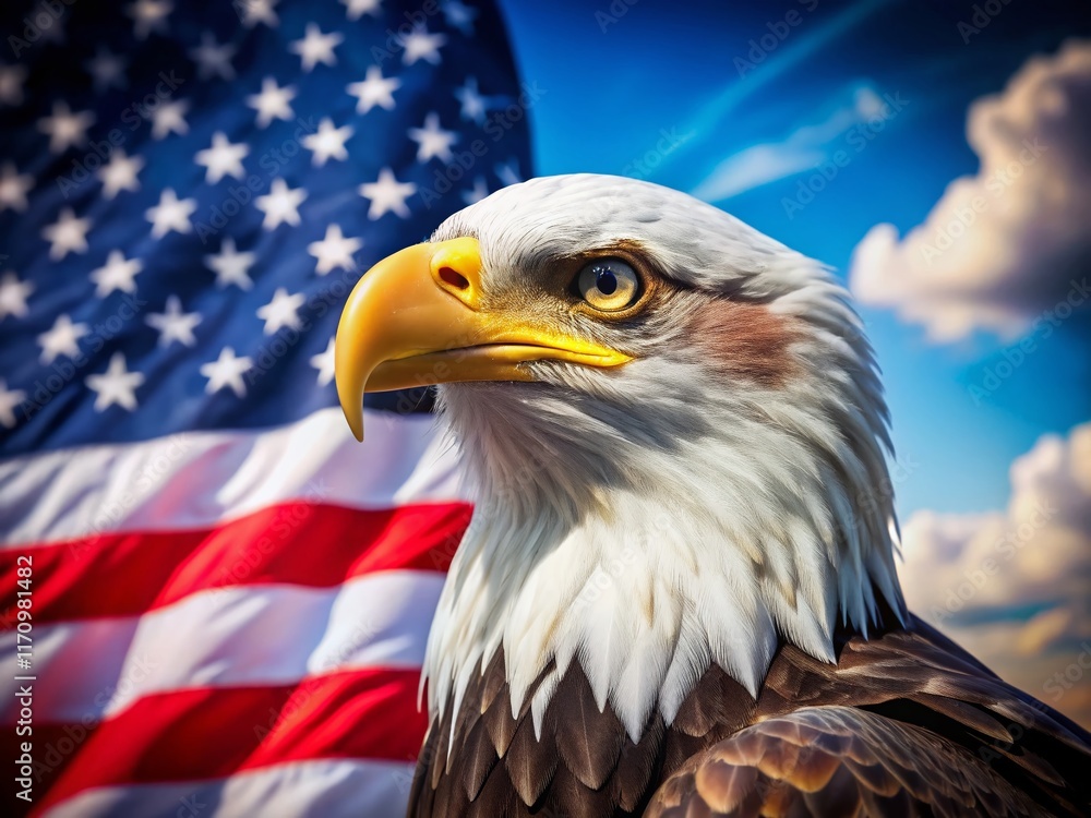 Obraz premium Majestic Eagle Head with American Flag Pattern - Drone Photography for Independence Day & Veterans Day