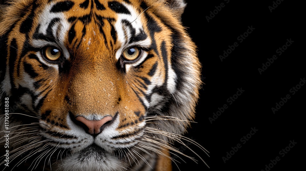 Fototapeta premium A close up of a tiger's face on a black background