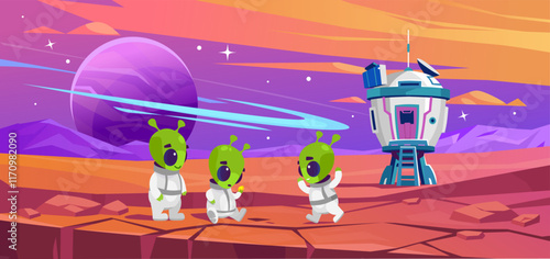 Cartoon vector illustration of cute green aliens in white space suits exploring a colorful alien planet with a futuristic spaceship base, rocky landscape, vibrant purple sky. Sci-fi, space adventure.