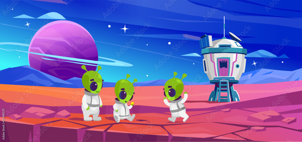 Obraz premium Cartoon vector illustration of cute green aliens in white space suits exploring a colorful alien planet with a futuristic spaceship base, rocky landscape, vibrant blue sky. Sci-fi, space adventure.