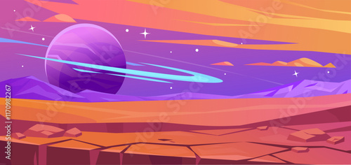 Alien space planet vector illustration. Cartoon orange planet landscape with purple sky, stars, planet and desert stone surface. Flat style design concept for sci-fi, game, book fantasy illustrations.