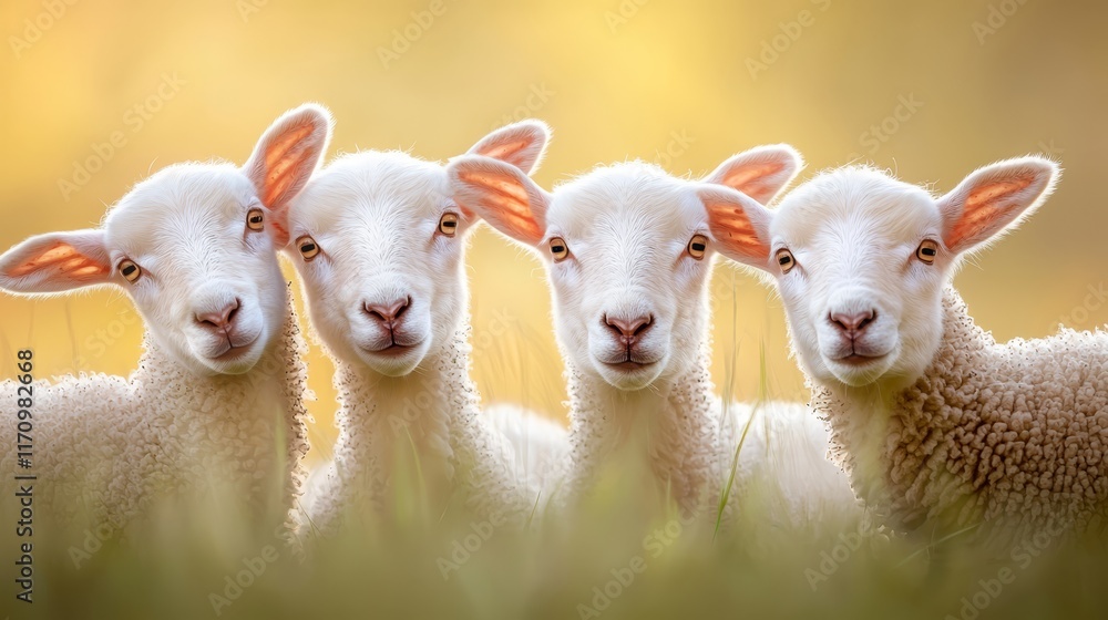 A group of three white sheep standing in a grassy field A group of three white sheep standing in a grassy field