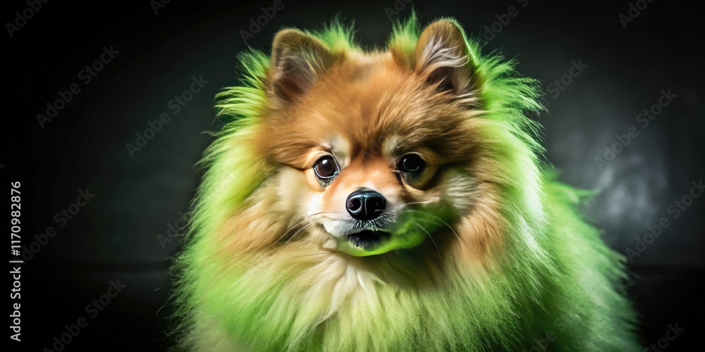 Obraz premium Adorable fluffy Pomeranian puppy, a charming pet portrait against a striking black backdrop.