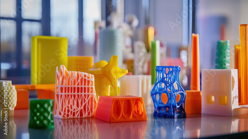 Vibrant 3D printed objects displayed on table, showcasing various shapes and colors. intricate designs highlight creativity and innovation in 3D printing technology photo