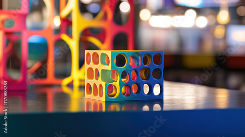 vibrant 3D printed product displayed on table, showcasing colorful geometric shapes and patterns. design features various cutouts, creating engaging visual experience photo