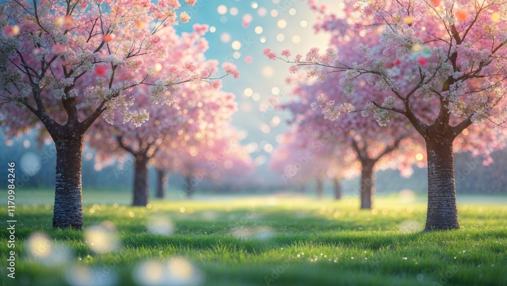 Fototapeta premium Cherry blossom trees line a serene park pathway during a sunny spring afternoon