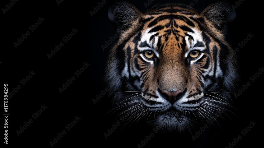 Fototapeta premium A close up of a tiger's face on a black background