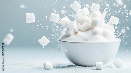 Sugar cubes explode from a bowl, creating a mesmerizing, sweet chaos.