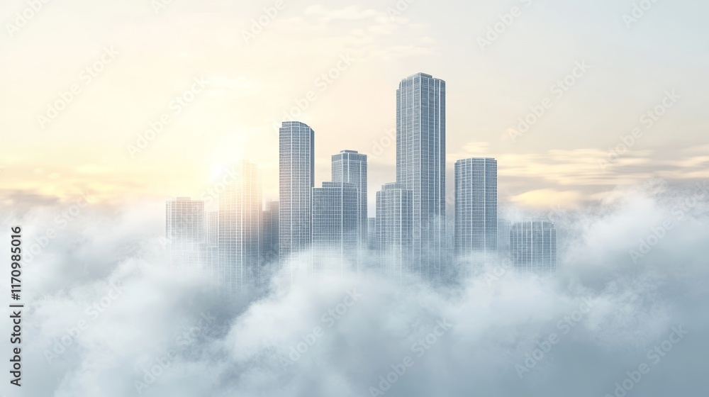 Fototapeta premium Modern Cityscape Minimalist Skyscrapers Reaching Above the Clouds, Monochromatic Gray Scale