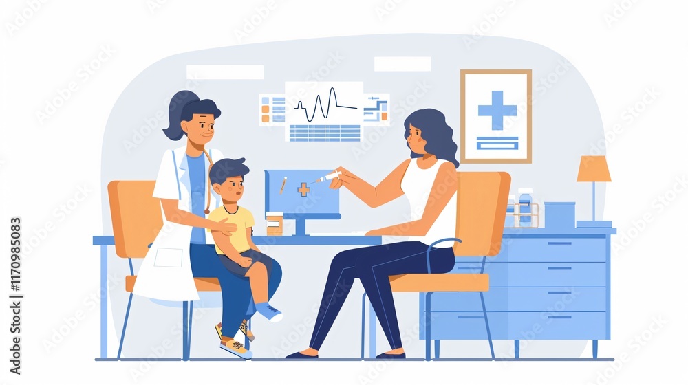Supportive Mother Watching Son Get Vaccinated at Doctor's Office Supportive Mother Watching Son Get Vaccinated at Doctor's Office