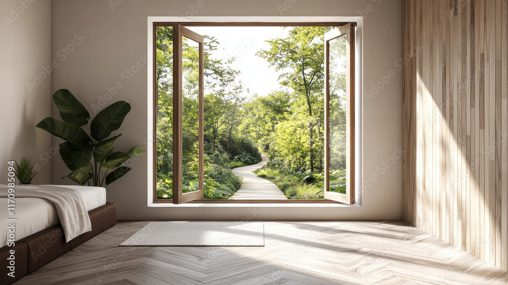 Fototapeta premium Interior open door, window landscape. Bright room with open windows overlooking a lush green pathway and trees outside.
