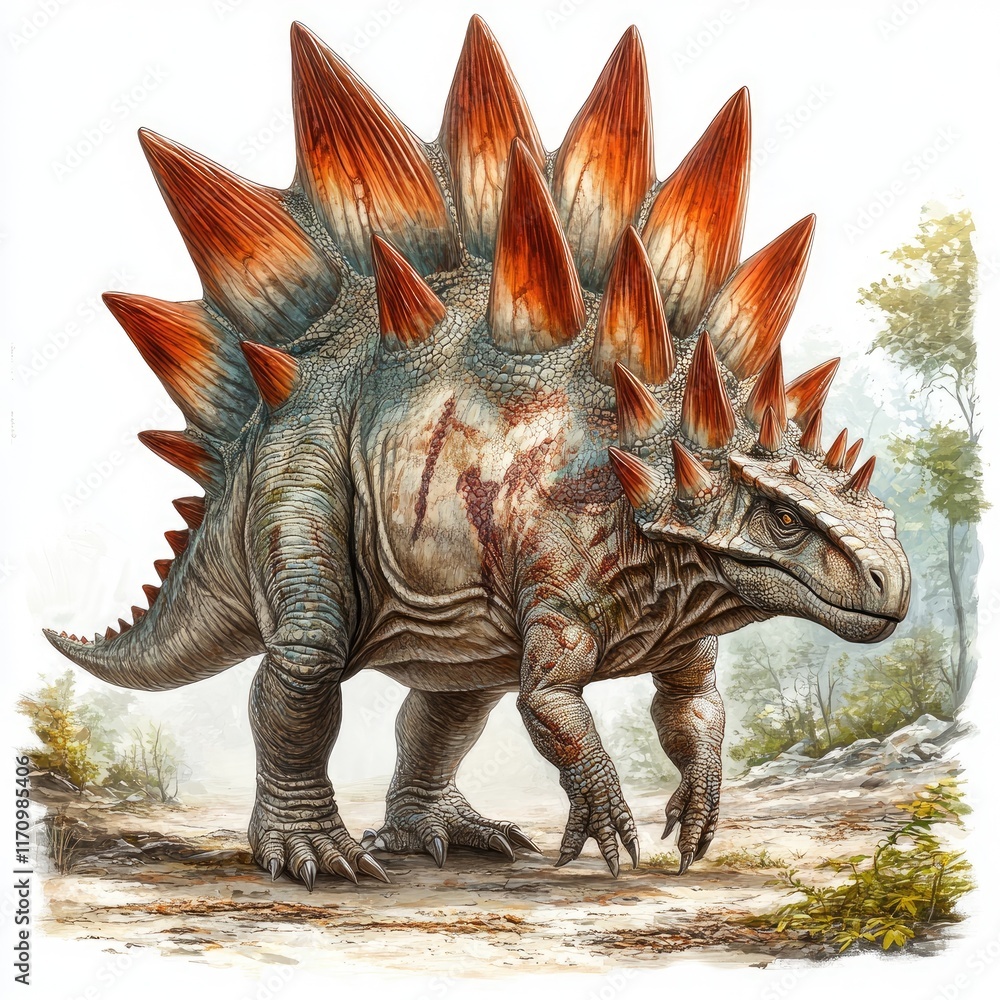 Fototapeta premium A stylized illustration of a spiky dinosaur in a natural setting.