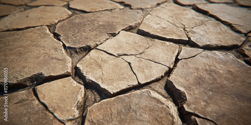 Abstracts, A photorealistic image showcasing cracked, dried earth, ideal for nature, environmental, or agricultural themes in creative projects. photo