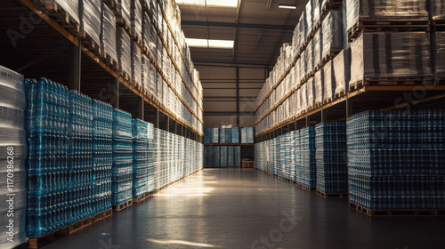 Wallpaper Mural Bottled water stacked in warehouse, organized and ready for distribution. bright lighting highlights neat arrangement of pallets, creating sense of efficiency and order Torontodigital.ca