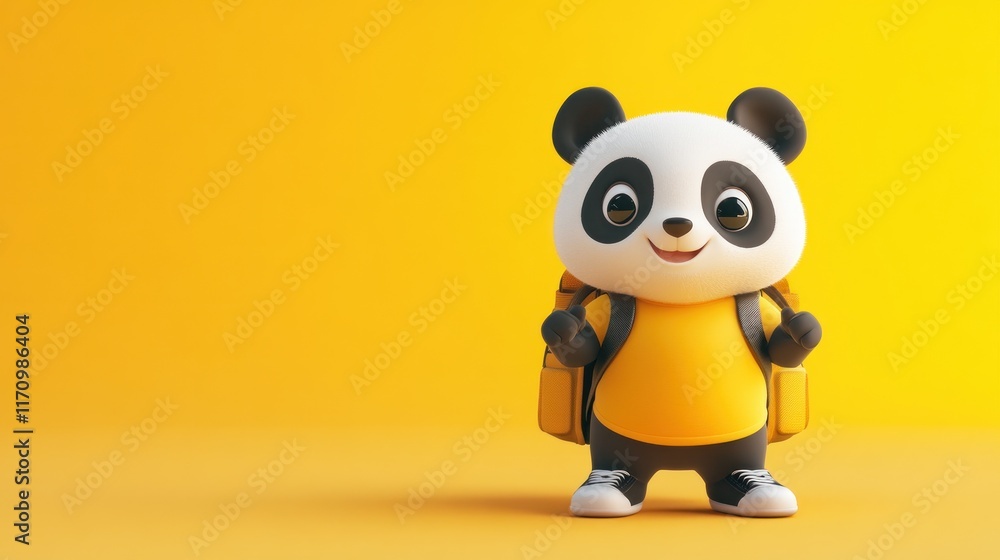 Cute cartoon panda wearing a backpack, standing against a yellow background. Cute cartoon panda wearing a backpack, standing against a yellow background.