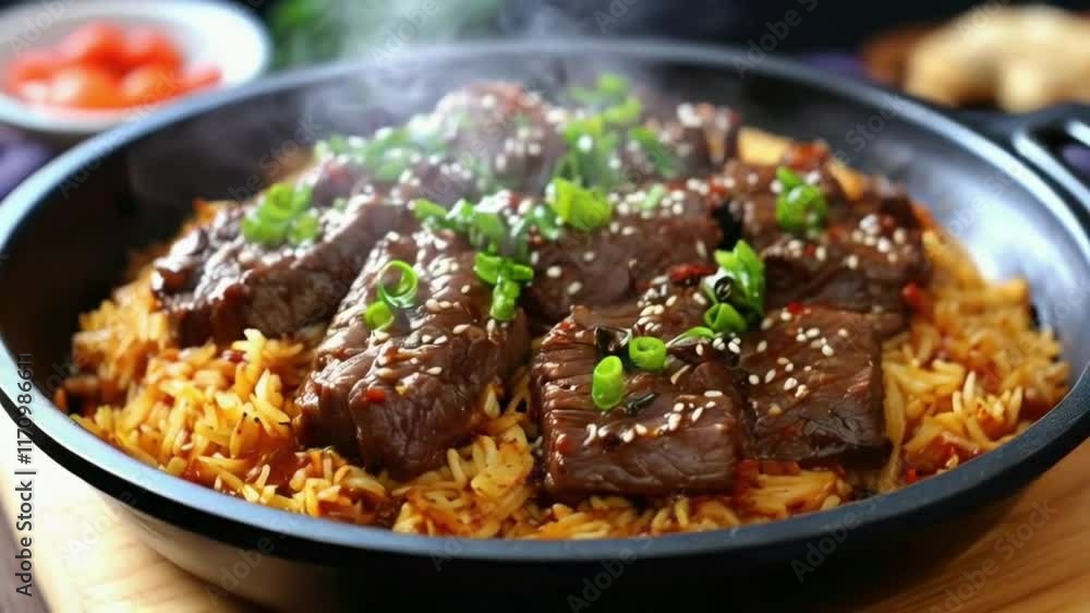 Delicious Steaming Beef and Rice Dish Delicious Steaming Beef and Rice Dish