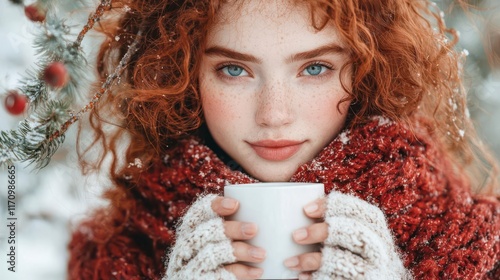 Redhead woman in winter, holding a warm mug, serene. photo