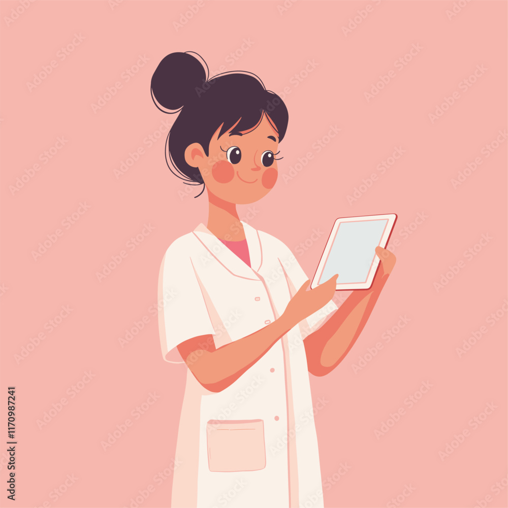 Illustration of a girl in a lab coat holding a tablet. Illustration of a girl in a lab coat holding a tablet.