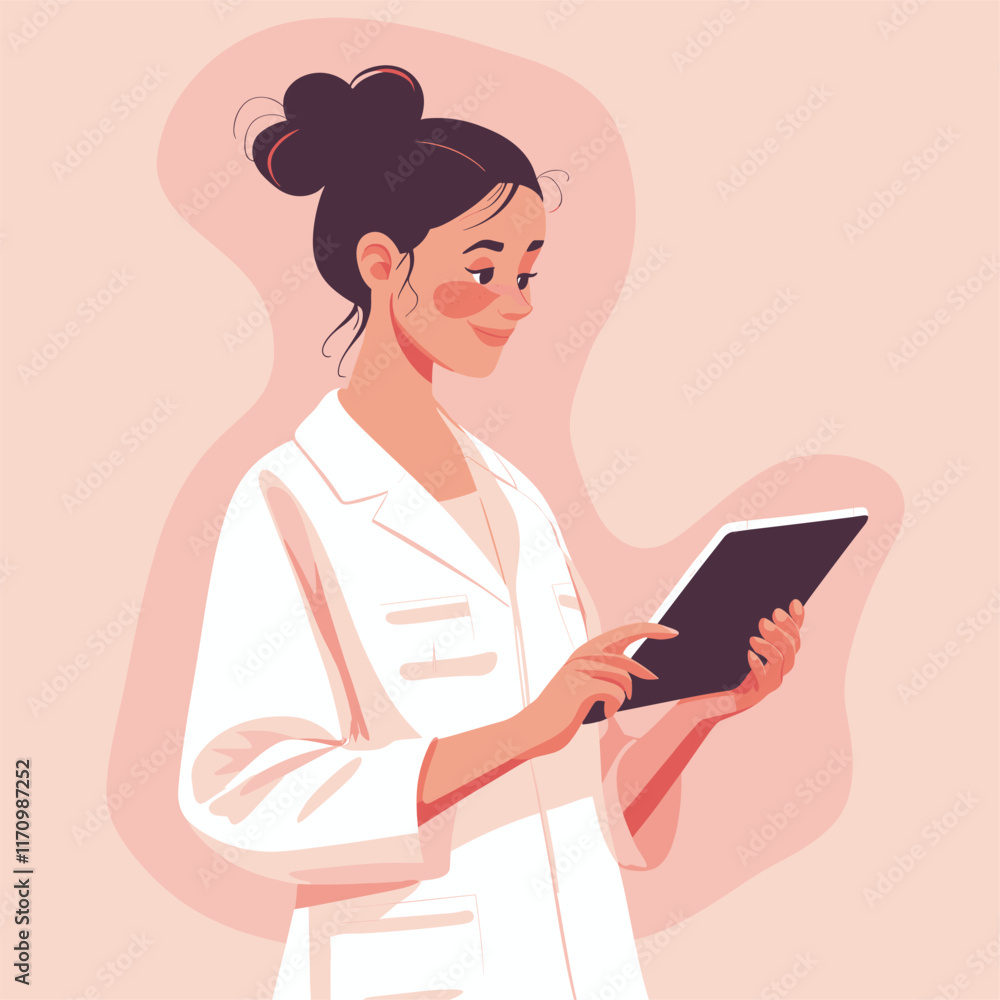 Illustration of a girl in a lab coat holding a tablet. Illustration of a girl in a lab coat holding a tablet.